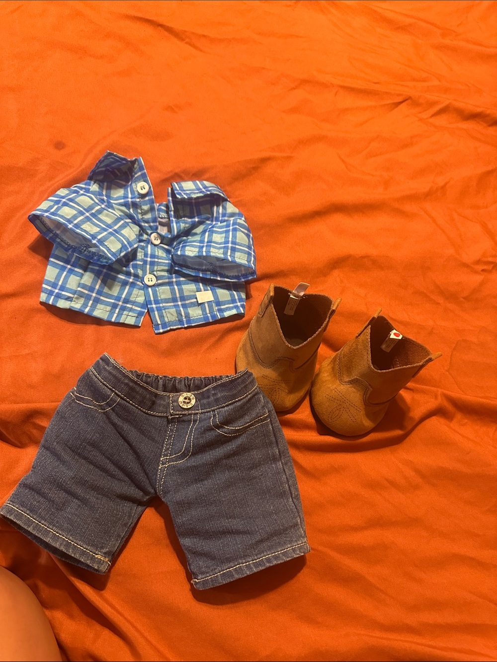 Build a bear Blue Plaid Shirt, jeans & Tan Boots Outfit Set
